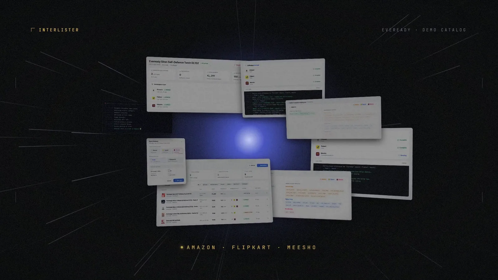 Cinematic walkthrough closing shot: a fan of Interlister screens floating around a blue glow, labelled Amazon, Flipkart, Meesho.