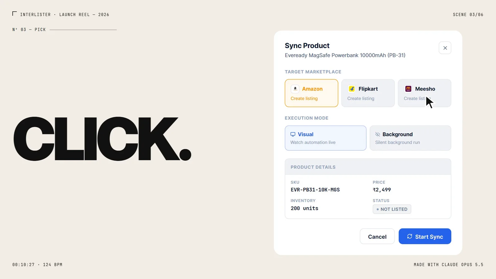 Chaotic teaser: "CLICK." in heavy black type beside Interlister's Sync Product dialog, cursor on Start Sync.