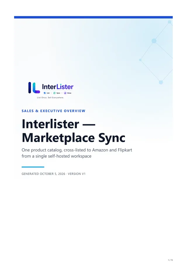 Cover of the Interlister sales and executive overview PDF that MotionRepo generated: "Interlister - Marketplace Sync", generated October 5, 2026.