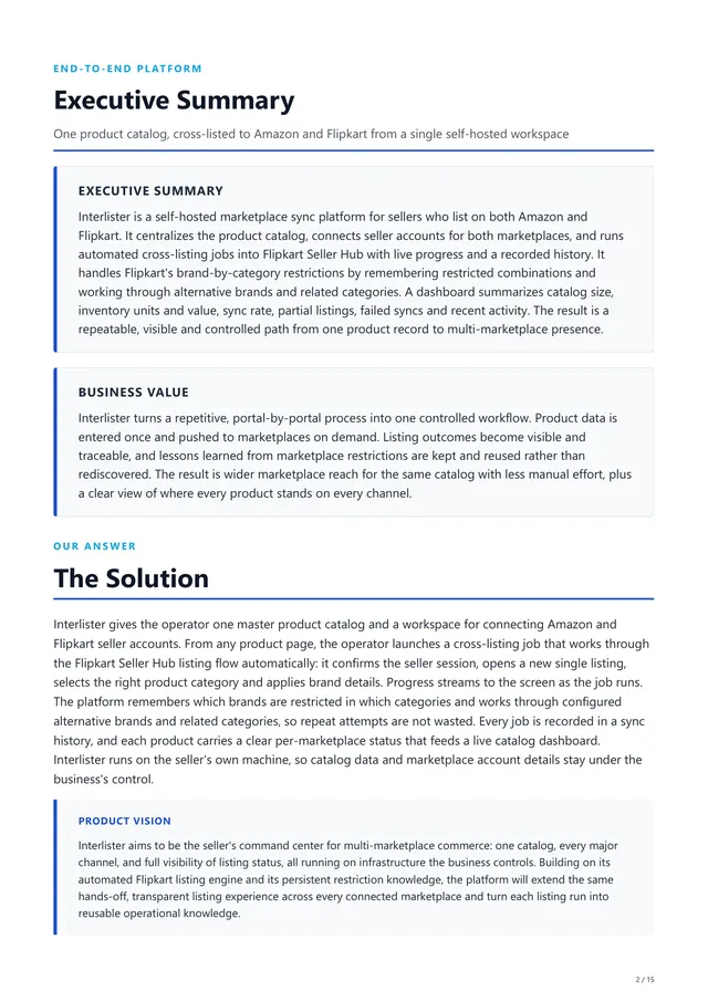 Page 2 of the generated Interlister sales PDF: Executive Summary, Business Value, The Solution and Product Vision sections.