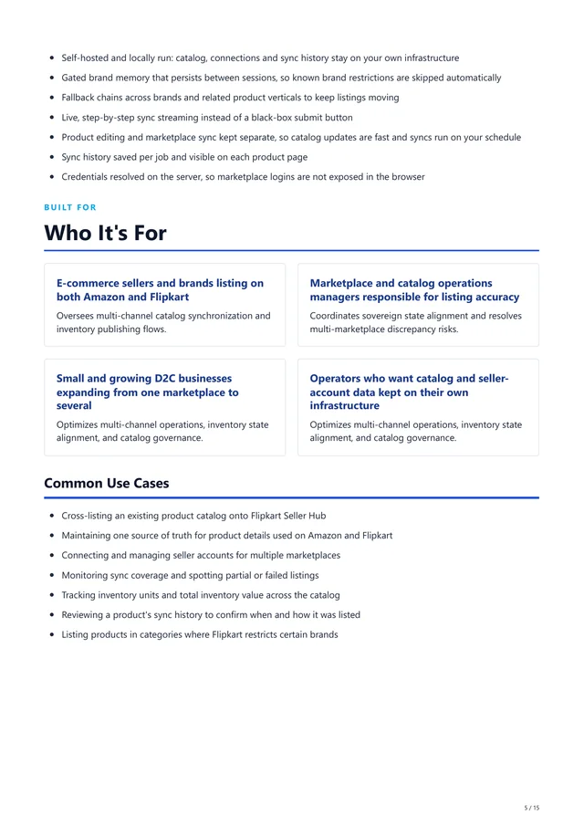 Page 5 of the generated Interlister sales PDF: a list of differentiators, then Who It's For audience cards whose descriptions (for example about sovereign state alignment and catalog governance) come from a fixed template mapping, and Common Use Cases.