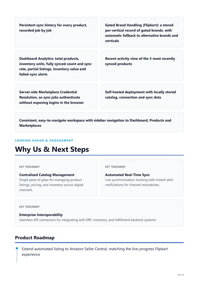 Page 14 of the generated Interlister sales PDF: the end of the Key Features list, three fixed Key Takeaway cards (centralized catalog management, automated real-time sync, enterprise interoperability with ERP connectors) and the start of the Product Roadmap.