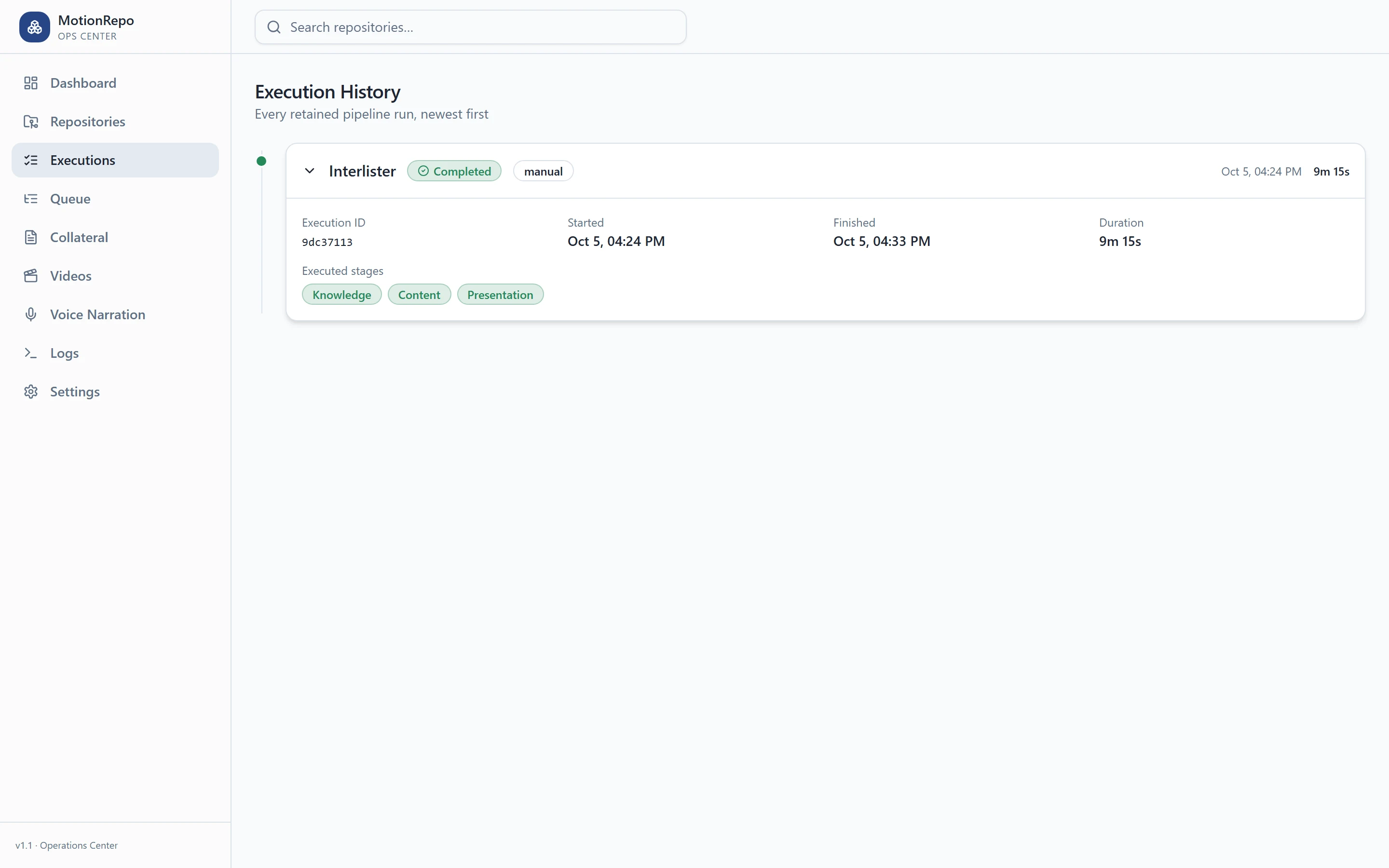 MotionRepo Execution History: the latest Interlister run, Completed, started Oct 5 4:24 PM and finished 4:33 PM (9m 15s), with Knowledge, Content and Presentation stages.