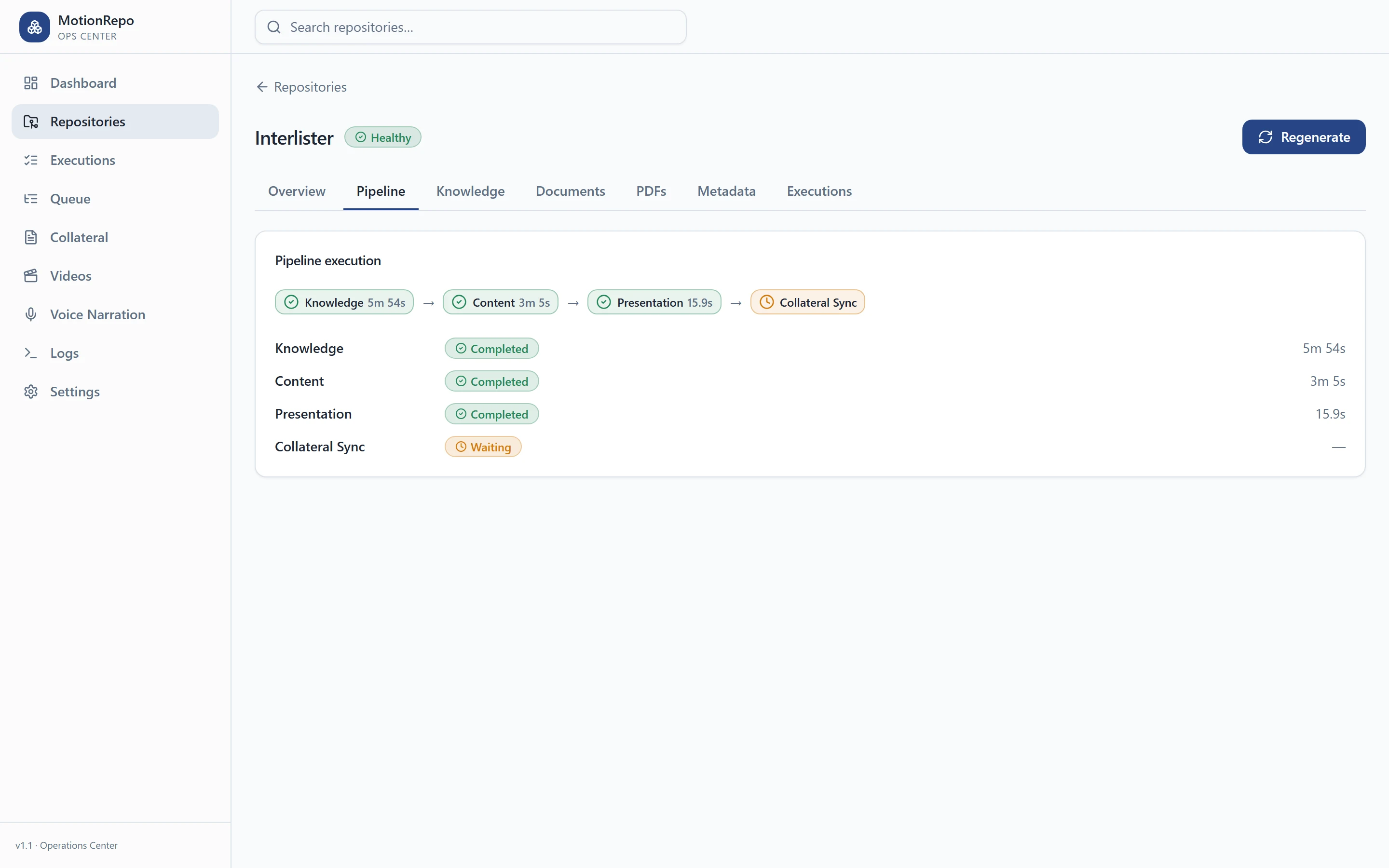 Interlister repository detail, Pipeline tab: Knowledge (5m 54s), Content (3m 5s) and Presentation (15.9s) completed, Collateral Sync waiting.
