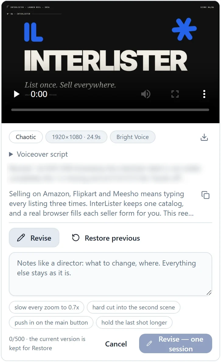One MotionRepo teaser card for Interlister, chaotic tone, 1920x1080, 24.9 seconds, bright voice: the revision note that produced it (blurred), the Revise and Restore previous buttons, and an open note box with suggestion chips and a 500-character counter.